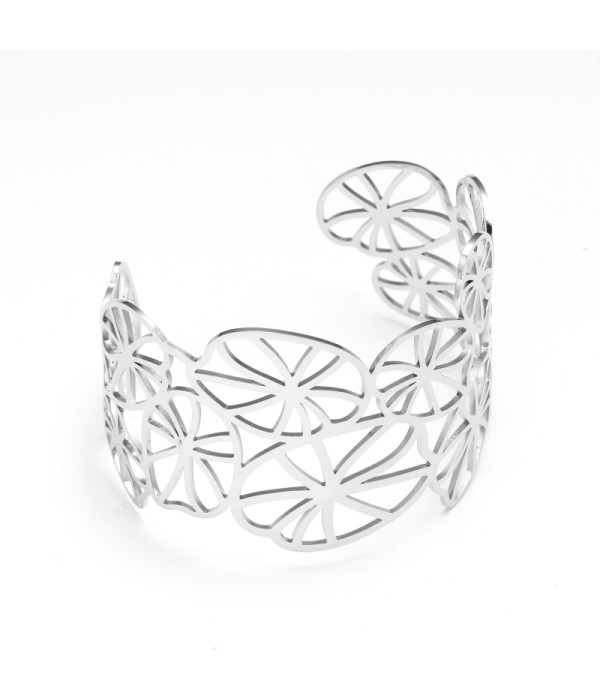 Brazalete ancho plateado de padrón hojas de loto