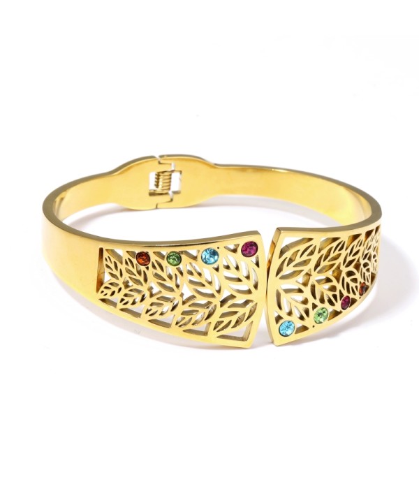 Pulsera rígida dorada calada de árbol