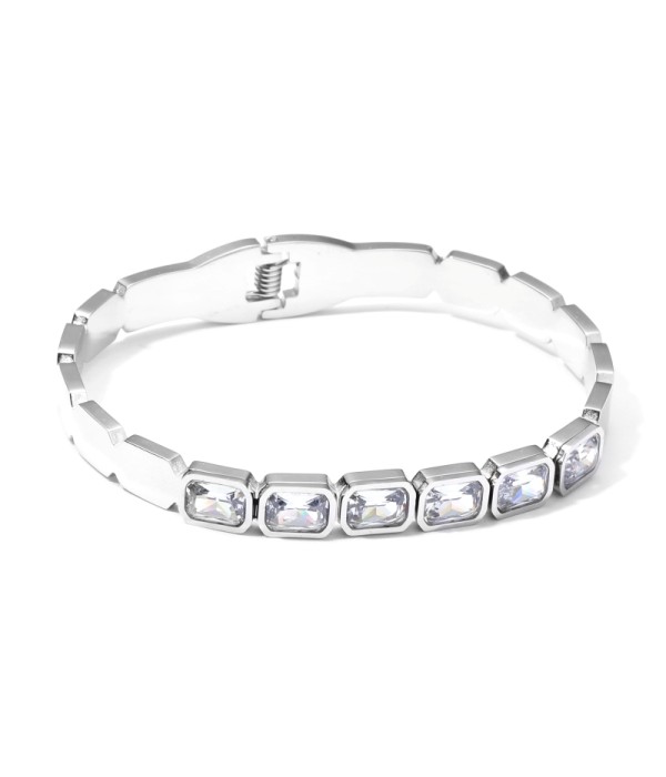 Pulsera rígida plateada con cristales tipo baguette