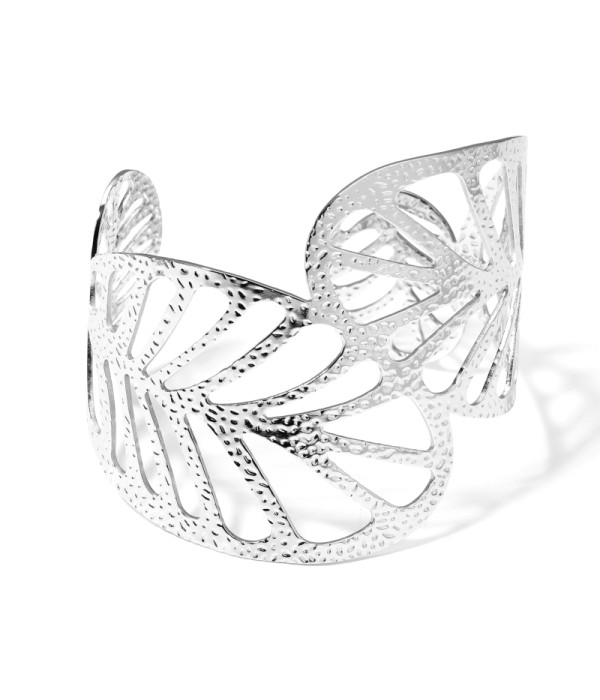 Brazalete ancho plateado de padrón hojas de loto