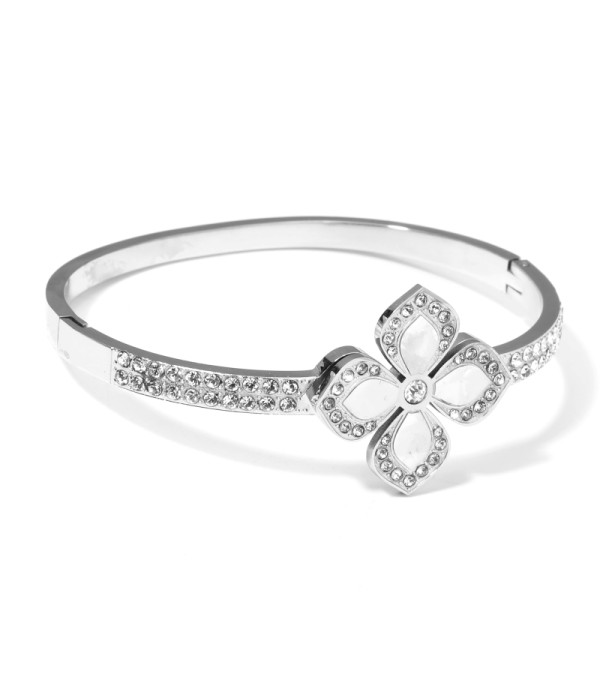 Pulsera rígida plateada con flor