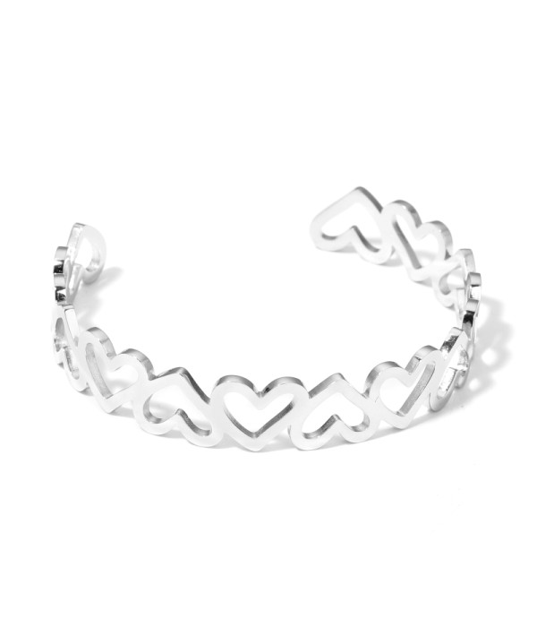 Pulsera rígida plateada de aros de corazón
