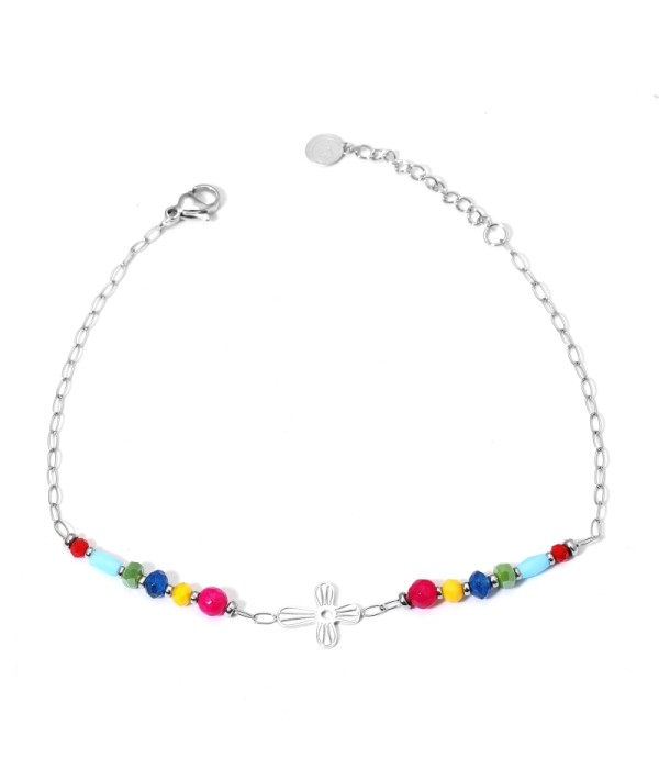 Tobillera plateada con cruz