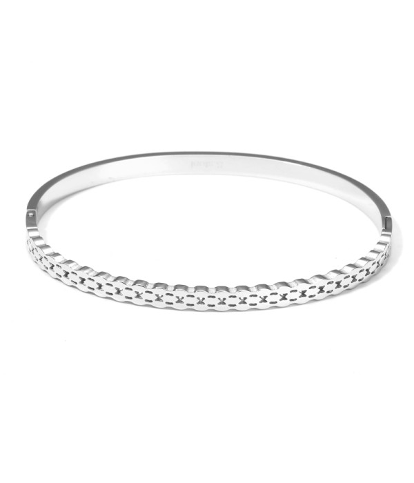 Pulsera rígida plateada tipo manguito con borde dentado