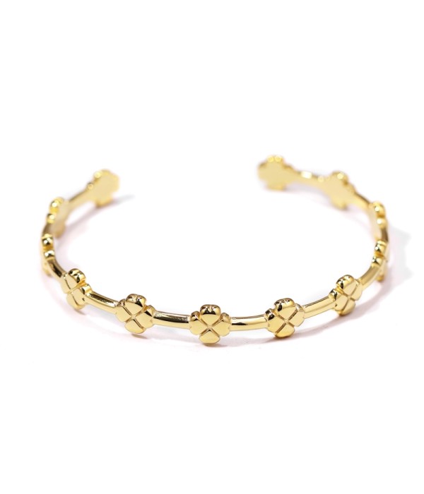 Pulsera rígida abierta dorada de trébol de cuatro hojas