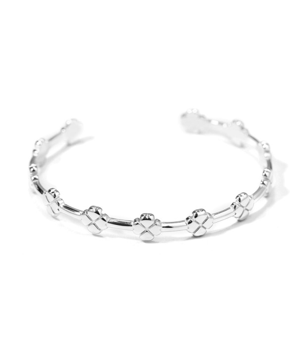 Pulsera rígida abierta plateada de trébol de cuatro hojas