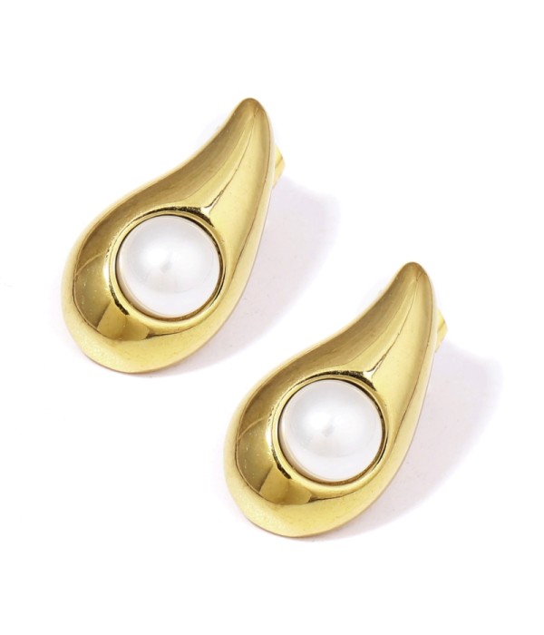 Pendientes dorados de gota de agua con perla