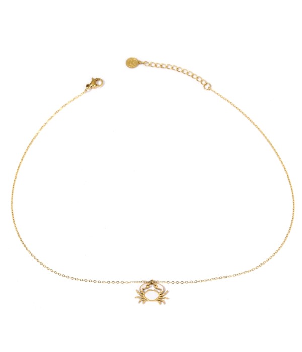 Collar dorado con colgante de cangrejo decorado con nácar