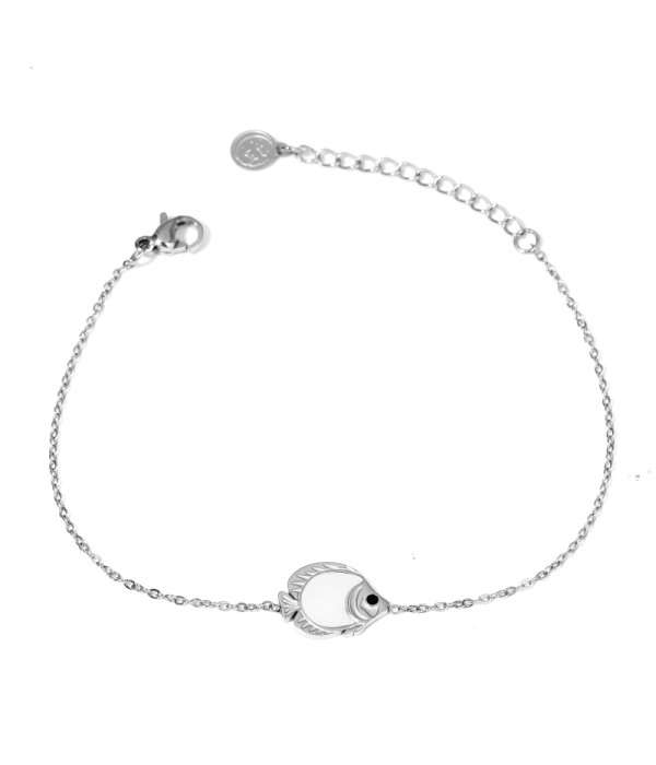 Pulsera plateada con pez decorado con nácar