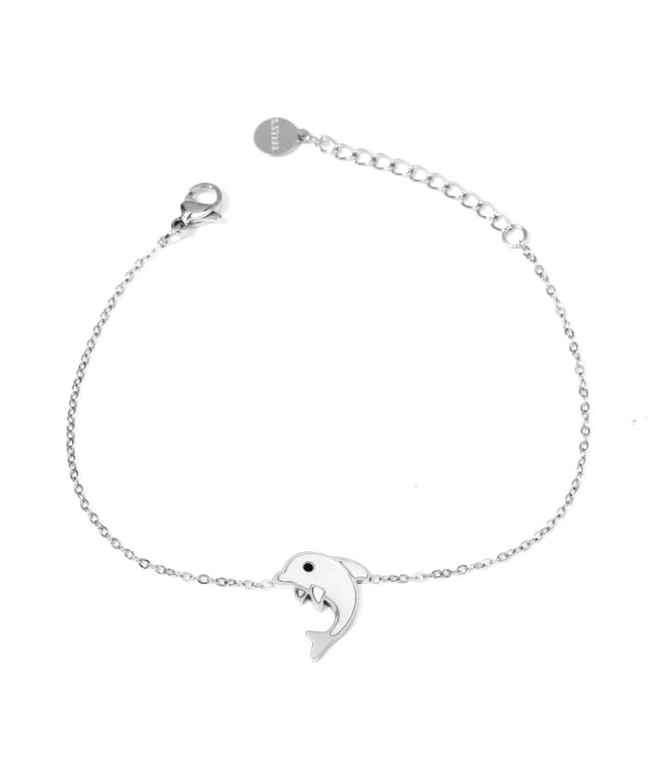 Pulsera plateada con delfín decorado con nácar