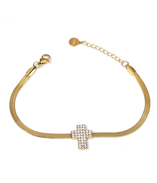 Pulsera dorada con dije de cruz de circonitas