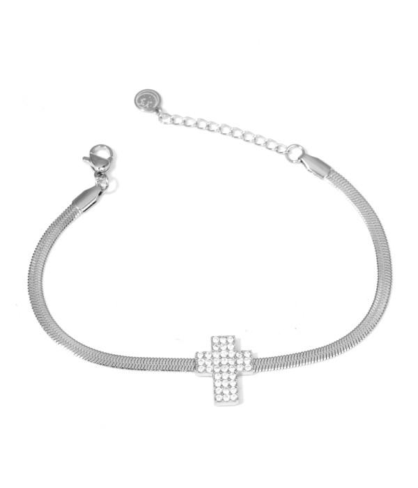 Pulsera plateada con dije de cruz de circonitas