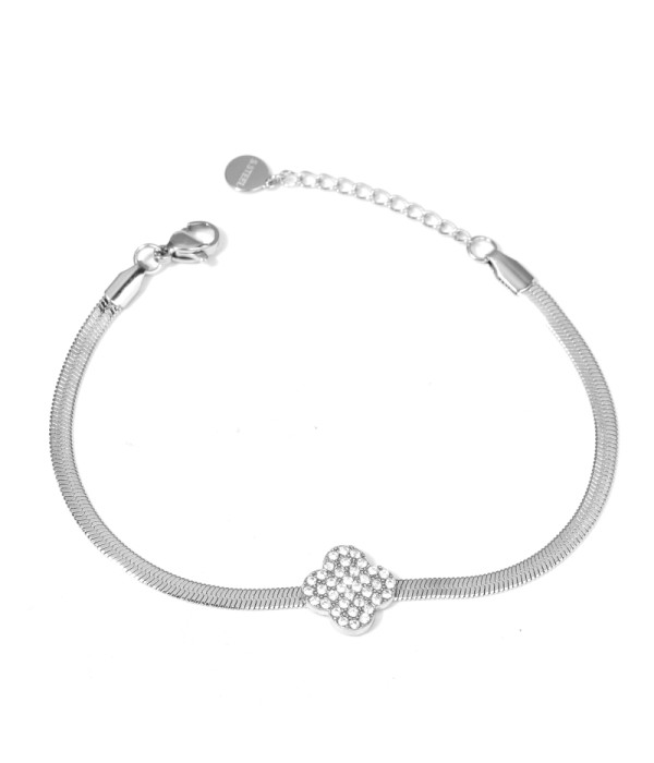 Pulsera plateada con dije de flor de circonitas