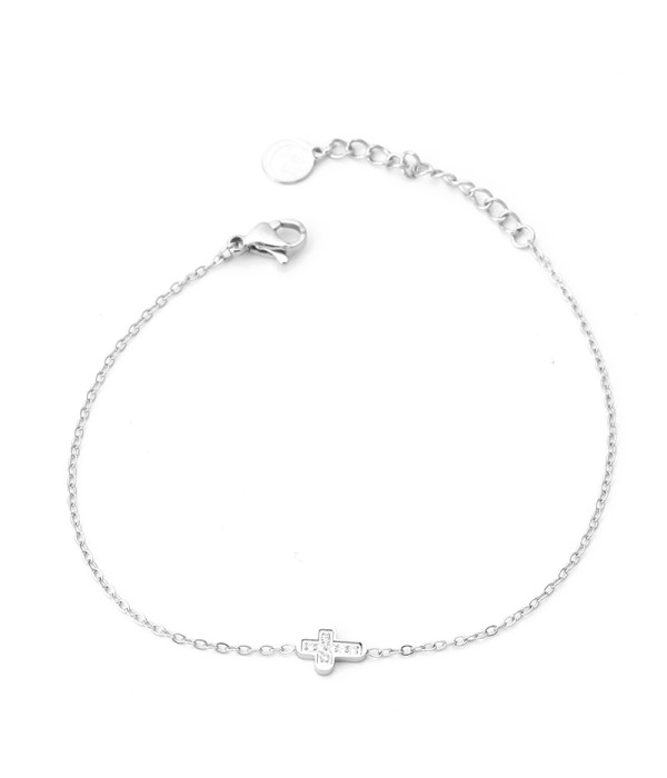 Pulsera plateada con cruz y detalles en circonitas