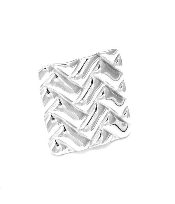 Anillo abierto plateado de patrón herringbone