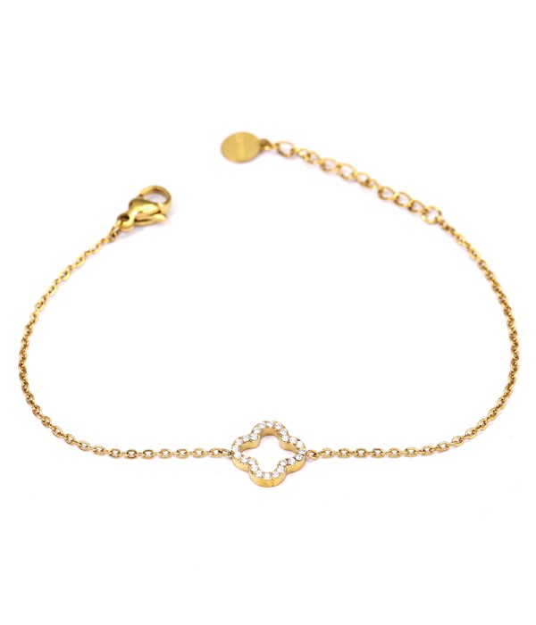 Pulsera dorada con trébol calado y circonitas