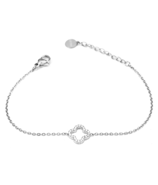 Pulsera plateada con trébol calado y circonitas