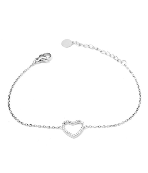 Pulsera plateada con corazón calado y circonitas