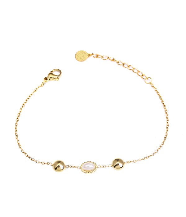 Pulsera dorada con perla central y esferas