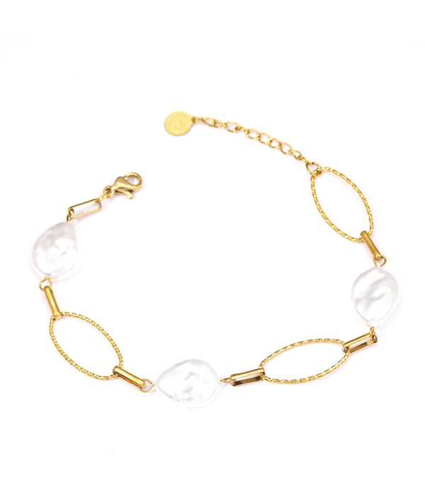 Pulsera dorada con eslabones texturizados y perlas naturales
