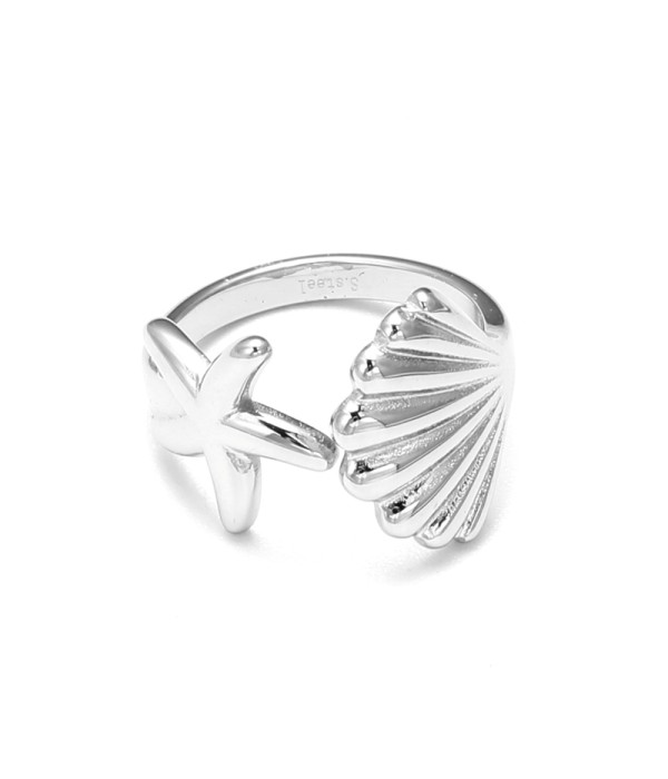 Anillo plateado de estrella del mar y concha