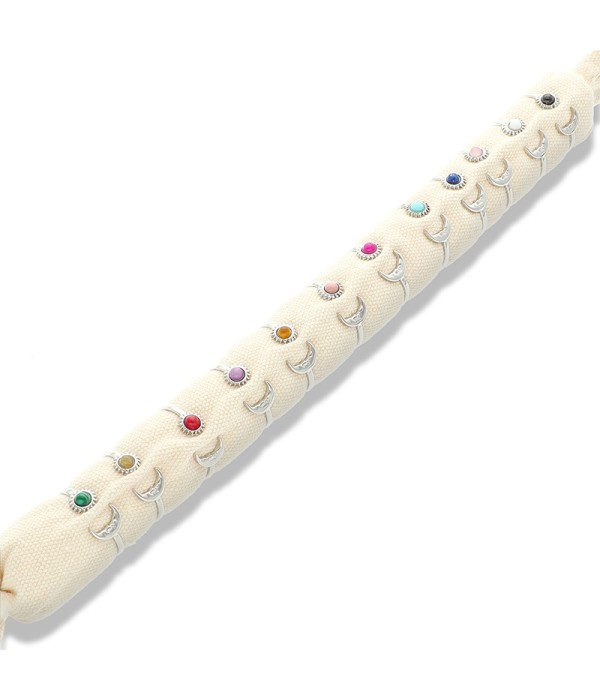 Conjunto de 12 anillos con luna y piedra de color