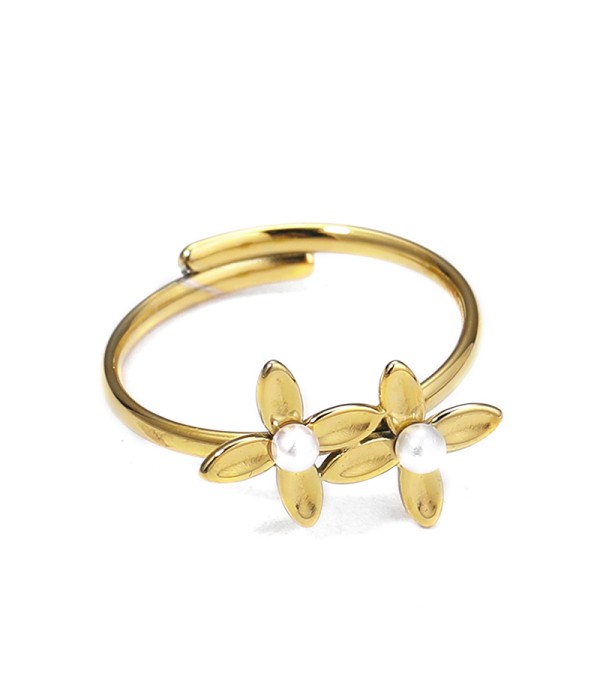 Anillo dorado ajustable con flores y perlas