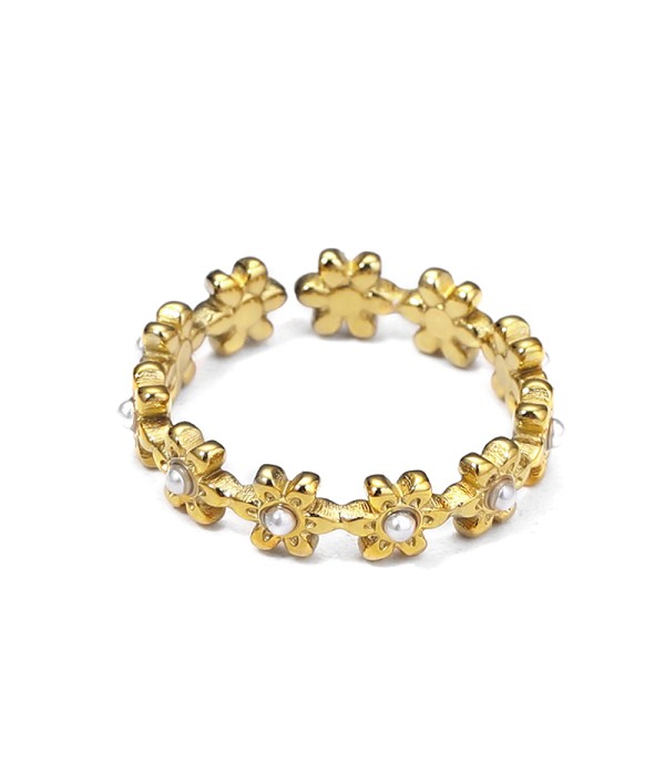 Anillo con flores y perlas en diseño continuo