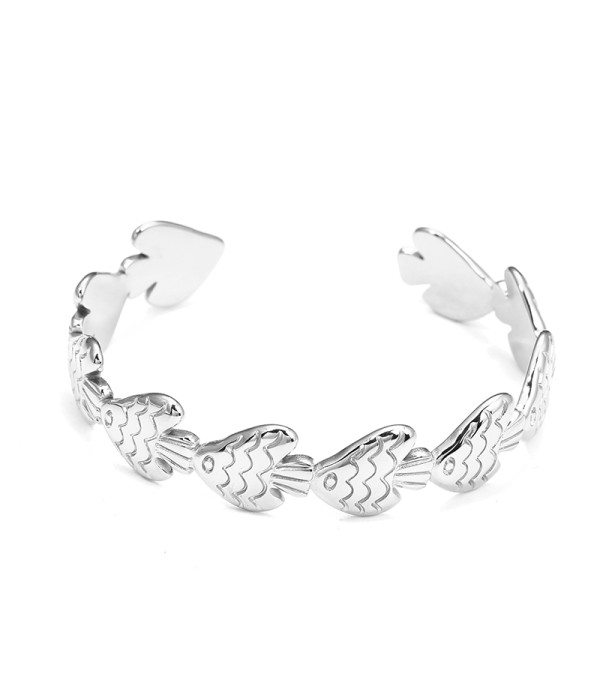 Pulsera rígida plateada con diseño de peces