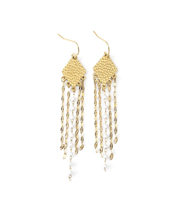 Pendientes largos con rombo dorado, cadenas y perlas