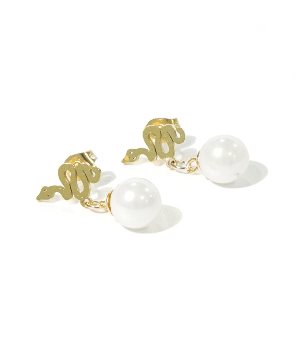 Pendientes serpiente dorada con perla colgante