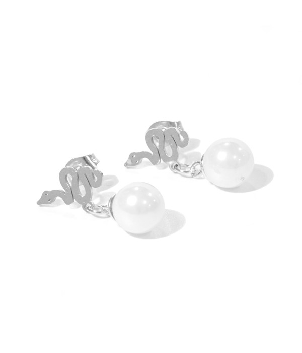 Pendientes serpiente plateada con perla colgante