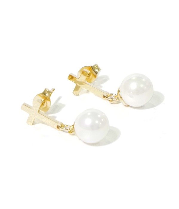 Pendientes cruz dorada con perla
