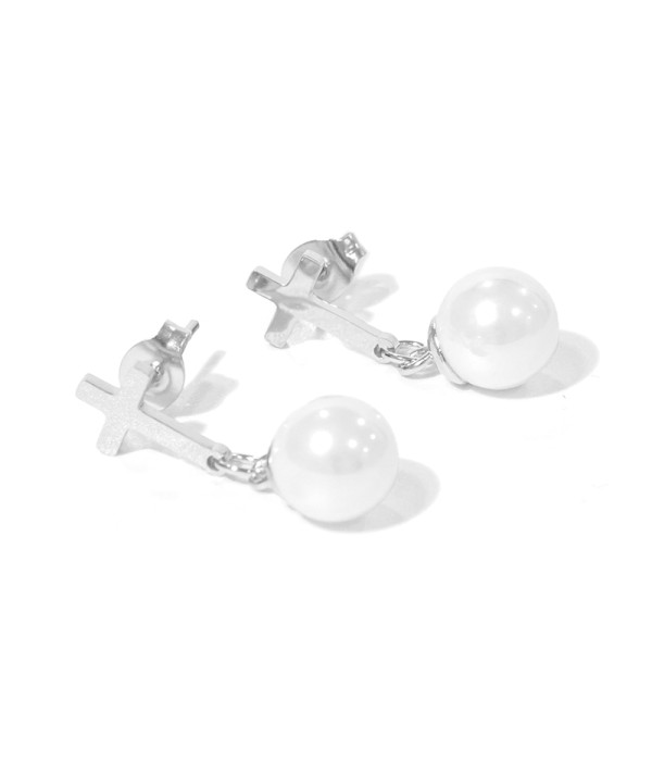 Pendientes cruz plateada con perla