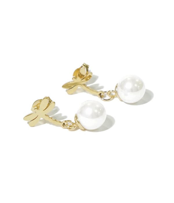 Pendientes de libélula dorada con perla
