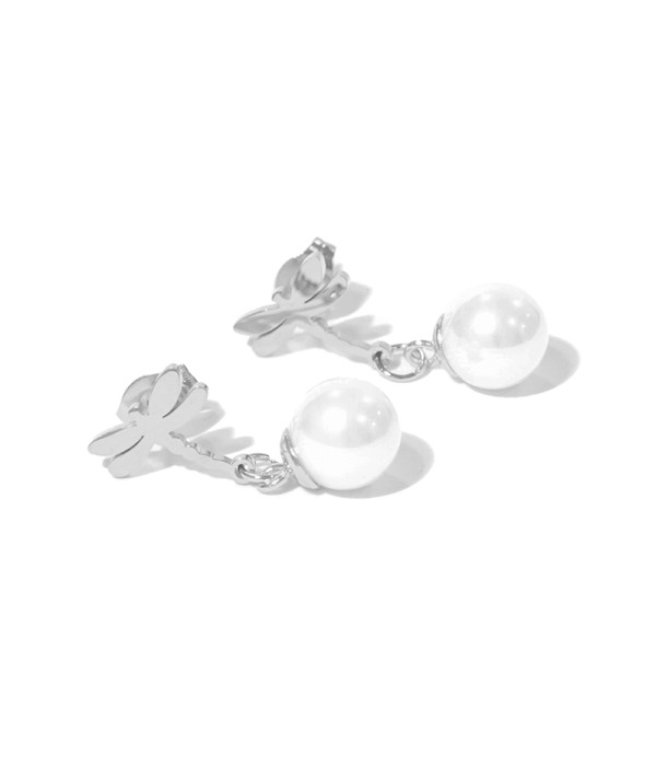 Pendientes de libélula plateada con perla