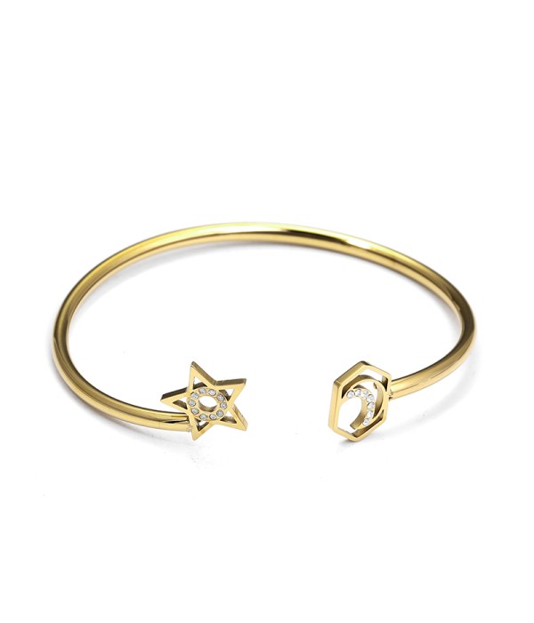 Pulsera rígida dorada con estrella y luna