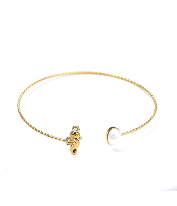 Pulsera rígida con caballito de mar y perla