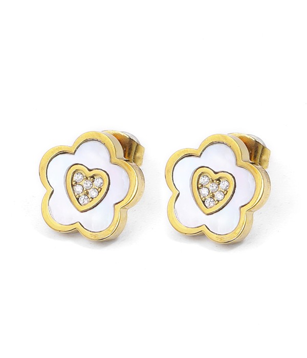 Pendientes flor dorada con corazón y nácar