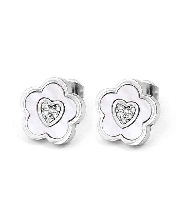 Pendientes flor plateada con corazón y nácar