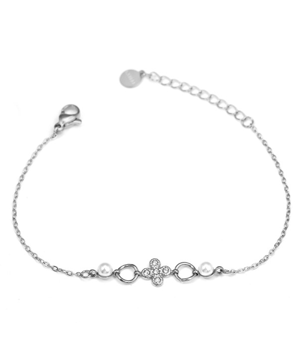 Pulsera con cruz de circonitas y perlas