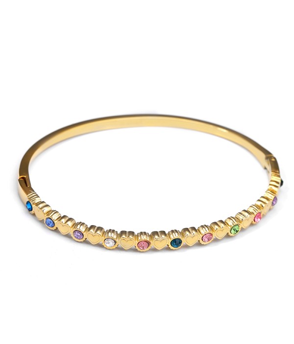 Pulsera rígida dorado con corazones y circonitas multicolor