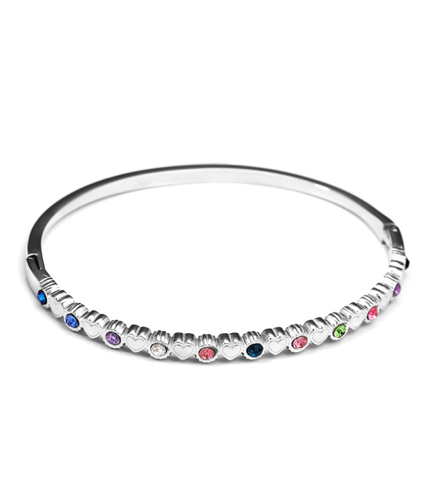 Pulsera rígida plateado con corazones y circonitas multicolor