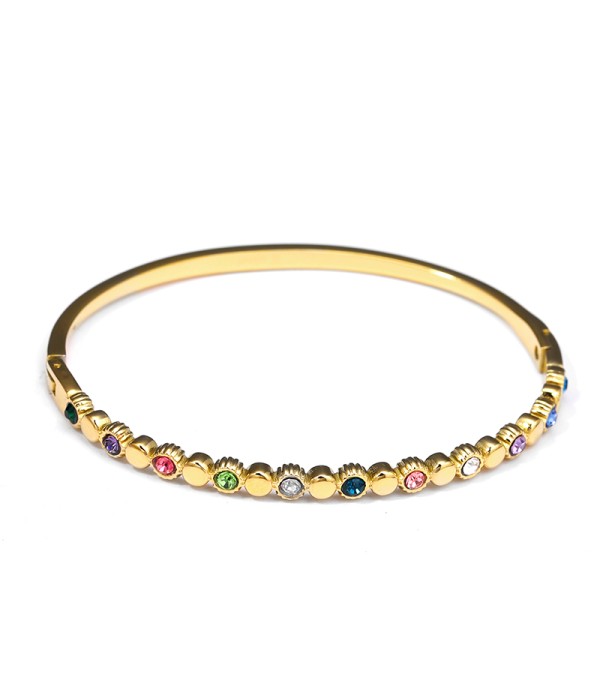 Pulsera rígida dorado con circonitas multicolor y diseño geométrico