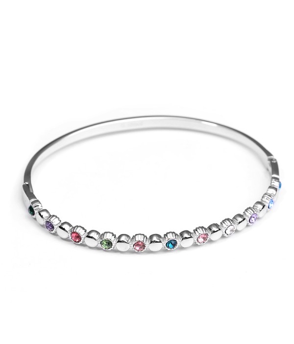 Pulsera rígida plateada con circonitas multicolor y diseño geométrico