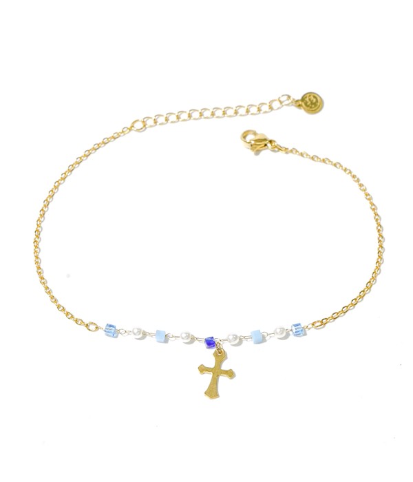 Tobillera dorada con cruz y cuentas azules
