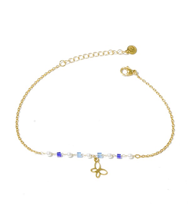 Tobillera dorada con mariposa y cuentas azules