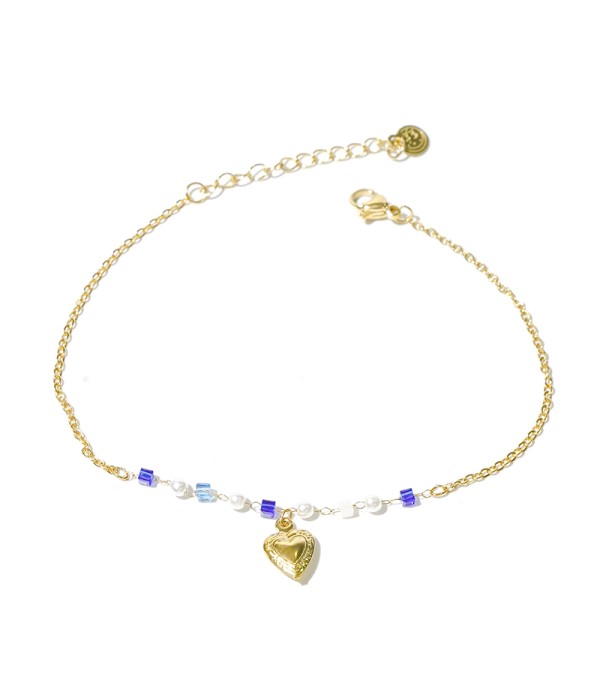 Tobillera dorada con corazón y cuentas azules