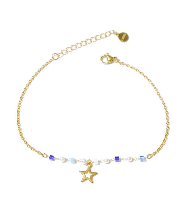 Tobillera dorada con estrella y cuentas azules