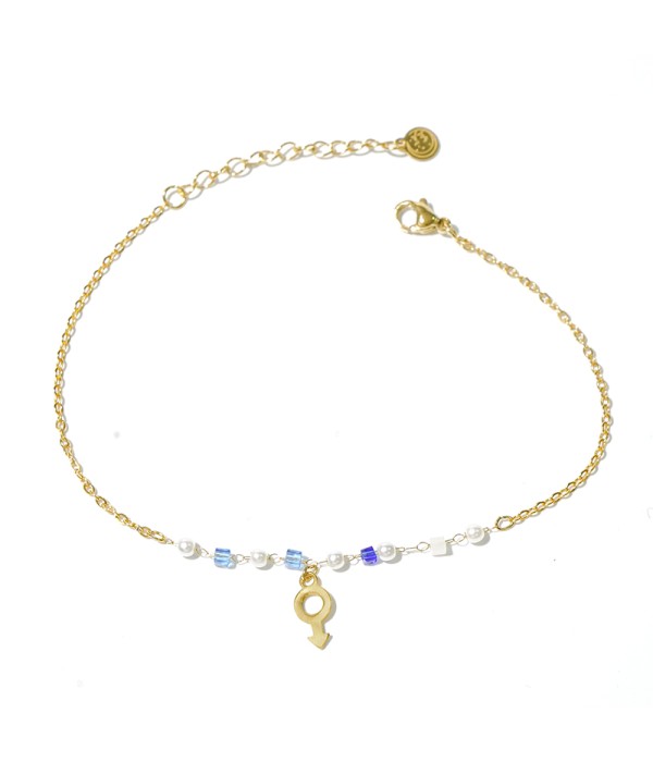 Tobillera dorada con símbolo femenino y cuentas azules